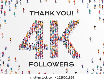 4K Followers. Group of business people are gathered together in the shape of 4000 word, for web page, banner, presentation, social media, Crowd of little people. Teamwork.