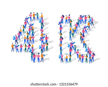 4K Followers Isometric Vector Concept, Group of business people are gathered together in the shape of 4000 word, for web page, banner, presentation, social media, Crowd of little people. teamwork