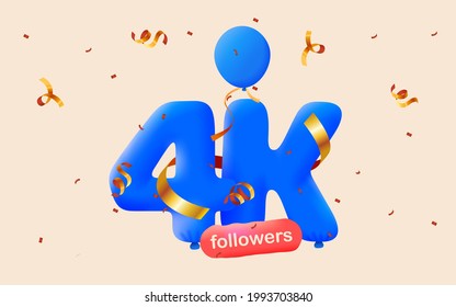 4K followers thank you 3d blue balloons and colorful confetti. Vector illustration 3d numbers for social media 4000 followers, Thanks followers, blogger celebrates subscribers, likes