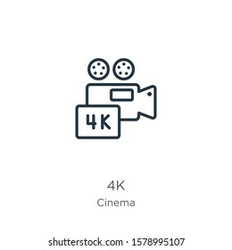 4k icon. Thin linear 4k outline icon isolated on white background from cinema collection. Line vector sign, symbol for web and mobile