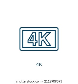 4k icon. Thin linear 4k outline icon isolated on white background. Line vector 4k sign, symbol for web and mobile