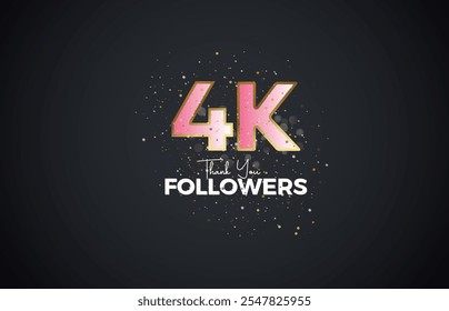 4K isolated on Dark background with sparkling confetti, Thank you followers peoples, golden, Pink number 4K online social group, 5k