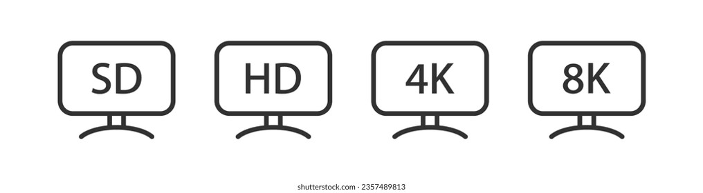 4k monitor icon. HD TV signs. Video in 8k symbol. High resolution screen symbols. 2k television icons. Black color. Vector isolated sign.
