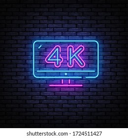 4k Quality Video neon sign vector. Monitor 4k Design template neon sign, light banner, nightly bright advertising, light inscription. Vector illustration.