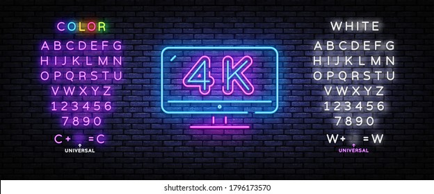 4k Quality Video neon sign vector. Monitor 4k Design template neon sign, light banner, nightly bright advertising, light inscription. Vector illustration. Editing text neon sign