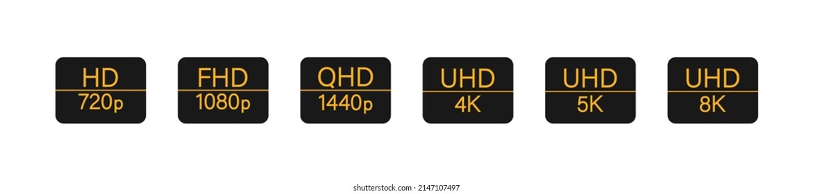 4k resolution. Hd, full and ultra hd, 8k video resolution icons. Logos of video. Black-orange icons isolated on white background. Set of icons for computer screen. Vector.