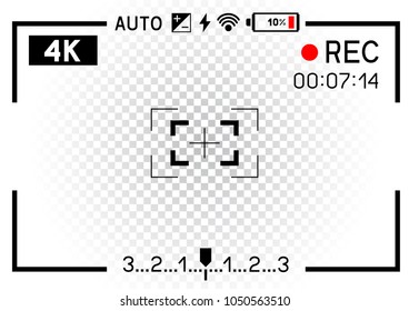 4K resolution video camera rec viewfinder aperture hole on transparent white background. Record frame template snapshot photography film