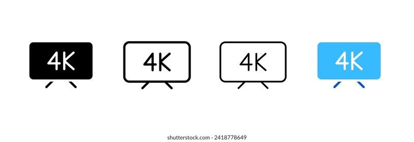 4K screen icon set. 4K screen. Silhouette, linear, and flat style. Vector icons.