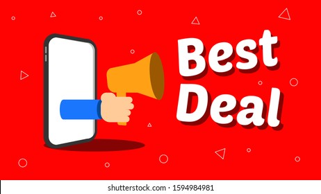 4K Size Best Deal Smartphone with Hand Coming Out Carrying Megaphone Sign Background