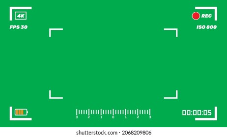 4k size viewfinder. Record screen. Green screen with video shooting parameters. Chromakey with shooting quality indicators. Video camera recording settings. Vector.