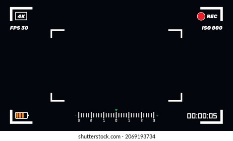 Visor de tamaño 4k. Grabar pantalla. Pantalla negra con parámetros de grabación de vídeo. Chromakey con indicadores de calidad de disparo. Configuración de grabación de cámara de vídeo. Vector.