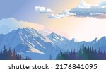 4K Summer mountain vector landscape background HD wallpaper. Snow, cloud, forest background with watercolor illustration. EPS 10 vector art