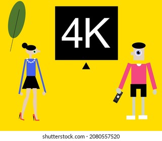 4k television technology concept. young family enjoy new television