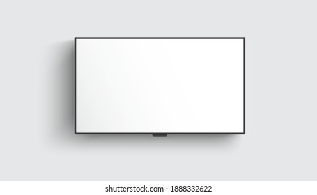 4K TV Flat Screen Lcd Or Oled, Plasma, Realistic Illustration, White Blank Monitor Mockup. Wide Flatscreen Monitor Hanging On The Wall