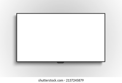 4K TV Flat Screen Lcd Or Oled, Plasma, Realistic Illustration, White Blank Monitor Mockup. Wide Flatscreen Monitor Hanging On The Wall