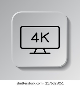 4K, TV simple vector de iconos. Diseño plano. Icono negro en botón cuadrado con sombra. Fondo gris.ai
