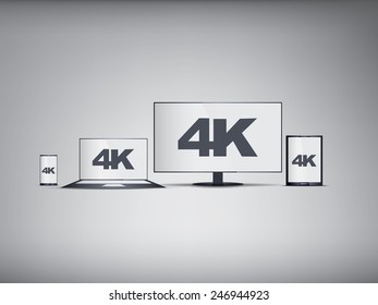 4k Tv, smartphone, laptop, tablet symbols in modern ultra hd resolution for promotion. Eps10 vector illustration.