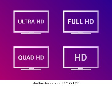 4K UHD, Quad HD, Full HD and HD resolution presentation TV nameplates of white gradient color on gradient background. TV symbols and icons. Vector illustration.