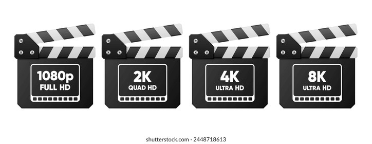 4K UHD, Quad HD, Placas de nombres de resolución HD y HD completa sobre fondo blanco. Símbolos e iconos de TV. Ilustración vectorial.