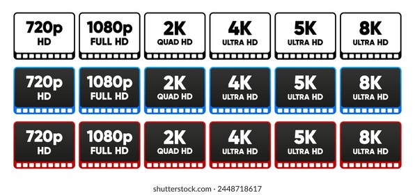 4K UHD, Quad HD, Full HD and HD resolution nameplates on white background. TV symbols and icons. Vector illustration.