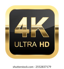 Etiqueta adesiva 4K Ultra HD, etiqueta de alta definição. Símbolo UHD dourado, marca de cor da tela do monitor de resolução 4K, ícone de vídeo UHD 2160p, vetor brilhante e brilhante realista isolado no fundo branco.