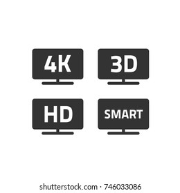 4k ultra hd tv and full hd television icons set line outline style, black and white hd video emblem label for lcd or led tv flat screen isolated on white, 3d or smart TV signs