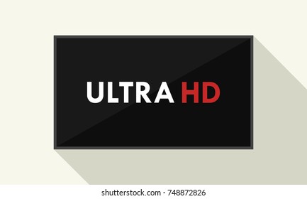 4K ultra TV. Television display with high definition. Illustration in flat style with long shadow.