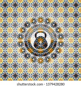 4kg kettlebell icon inside arabesque style emblem. arabic decoration.