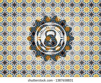 4kg kettlebell icon inside arabesque style badge. arabic decoration.