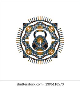 4kg kettlebell icon inside arabesque style emblem. arabic decoration.