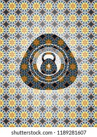 4kg kettlebell icon inside arabic style emblem. Arabesque decoration.