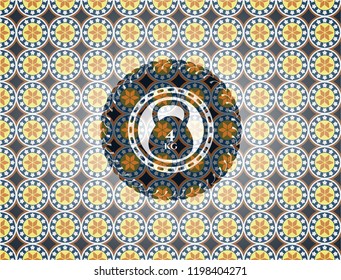 4kg kettlebell icon inside arabic style emblem. Arabesque decoration.