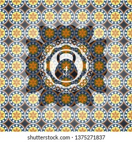 4kg kettlebell icon inside arabic style badge. Arabesque decoration.
