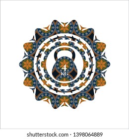 4kg kettlebell icon inside arabic emblem. Arabesque decoration.