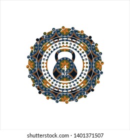 4kg kettlebell icon inside arabic badge background. Arabesque decoration.