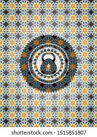 4kg kettlebell icon inside arabic badge background. Arabesque decoration.