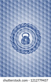 4kg kettlebell icon inside blue emblem or badge with abstract geometric polygonal pattern background.