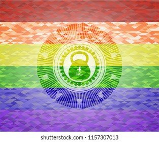 4kg kettlebell icon inside emblem on mosaic background with the colors of the LGBT flag
