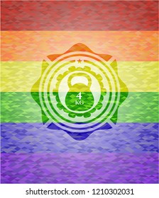 4kg kettlebell icon inside emblem on mosaic background with the colors of the LGBT flag