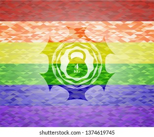 4kg kettlebell icon inside emblem on mosaic background with the colors of the LGBT flag
