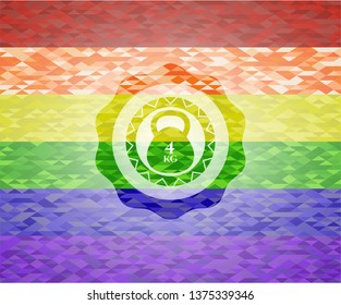 4kg kettlebell icon inside emblem on mosaic background with the colors of the LGBT flag