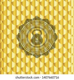 4kg kettlebell icon inside gold shiny badge. Scales pattern. Vector Illustration. Detailed.