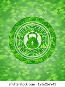 4kg kettlebell icon inside green emblem with mosaic ecological style background