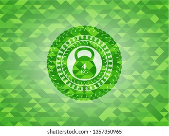 4kg kettlebell icon inside green emblem with mosaic background