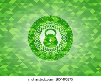 4kg kettlebell icon inside green emblem with triangle mosaic background. 