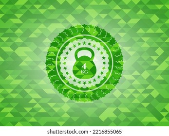 4kg kettlebell icon inside green emblem with mosaic ecological style background. 
