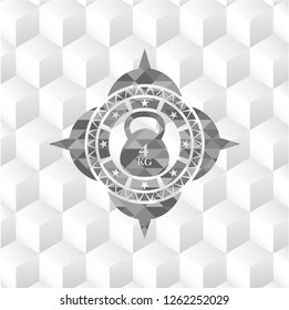 4kg kettlebell icon inside grey icon or emblem with geometric cube white background