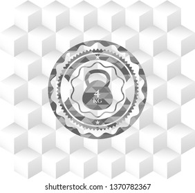 4kg kettlebell icon inside grey emblem. Vintage with geometric cube white background