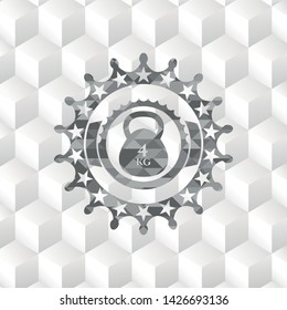 4kg kettlebell icon inside grey badge with geometric cube white background