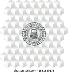 4kg kettlebell icon inside grey badge with geometric cube white background